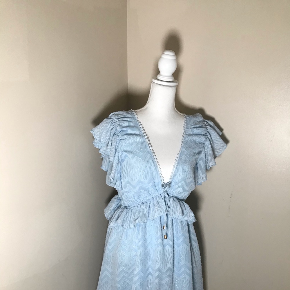 V-Neck Romantic Baby Blue Ruffle Dress